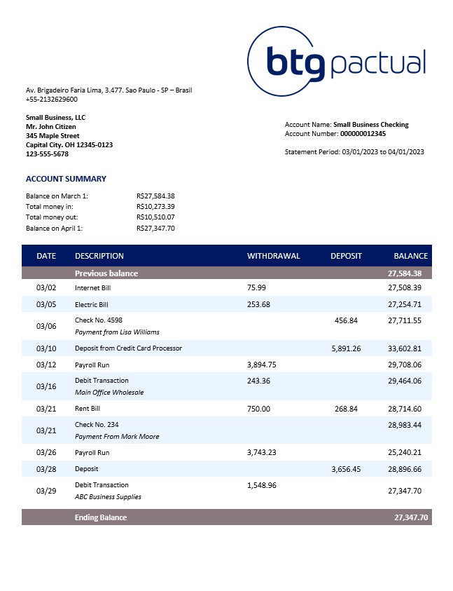 Modèle Word et PDF de relevé de compte courant d'entreprise BTG Pacual Bank